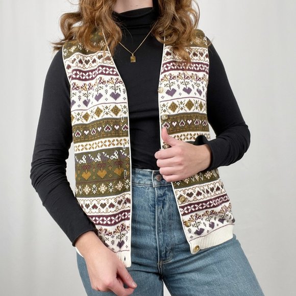 Vintage Rustic Cottagecore Fair Isle Knit Sweater Vest Floral Hearts Cardigan - Picture 8 of 9